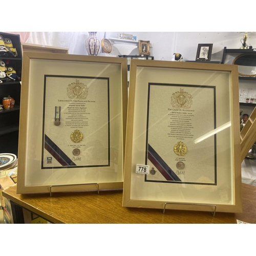 778 - 2 framed and glazed certificates Liberation of the Falkland Islands 1982 and The Oath of Allegiance ... 