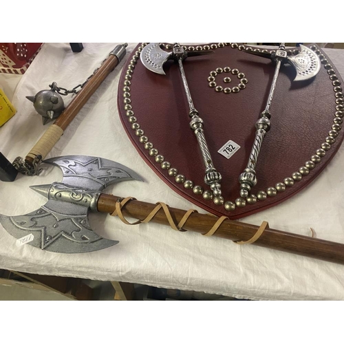 782 - 3 Medieval style weapons and a shield