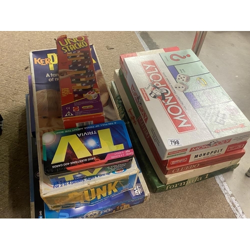 798 - A quantity of board games including Monopoly, Cluedo, Formula 1 etc