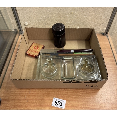 853 - Vintage glass inkwell/pen stand and a bakelite ink bottle holder, containing a bottle of ink