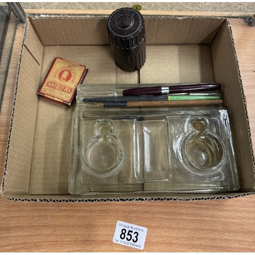 853 - Vintage glass inkwell/pen stand and a bakelite ink bottle holder, containing a bottle of ink