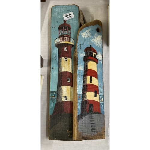 860 - 2 pieces of driftwood with lighthouse scenes