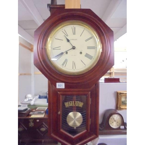 601 - A mahogany 31 day drop dial regulator wall clock, COLLECT ONLY.