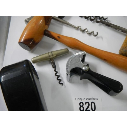 820 - A mixed lot of bottle openers, corkscrews and other items including Wilkinson Sword.