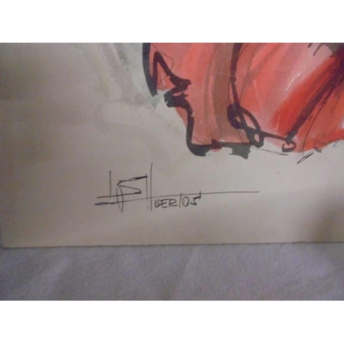 870 - An unframed signed painting of a Spanish Flamenco dancer. COLLECT ONLY.