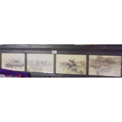 883 - A set of four hunting scene prints in an oak frame. COLLECT ONLY.