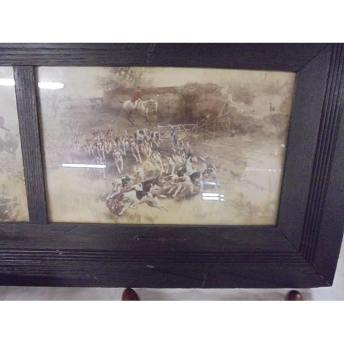 883 - A set of four hunting scene prints in an oak frame. COLLECT ONLY.