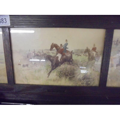 883 - A set of four hunting scene prints in an oak frame. COLLECT ONLY.