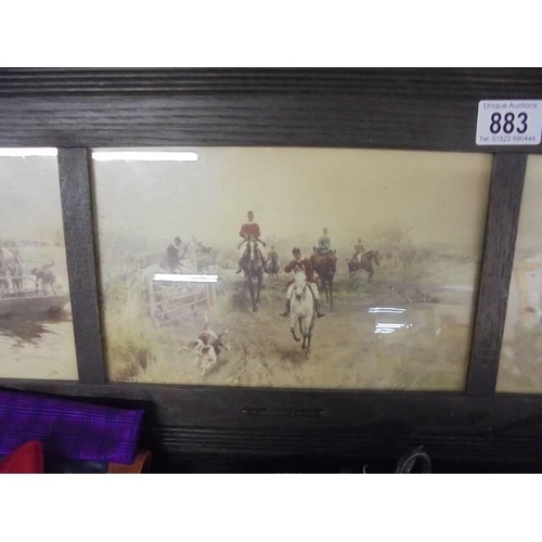 883 - A set of four hunting scene prints in an oak frame. COLLECT ONLY.