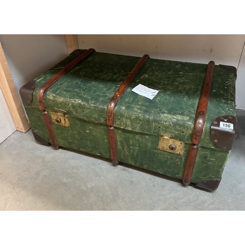 150 - Green steamer trunk Good Vintage Steamer Trunk, good size. Leather handle and corners. Makers Label ... 