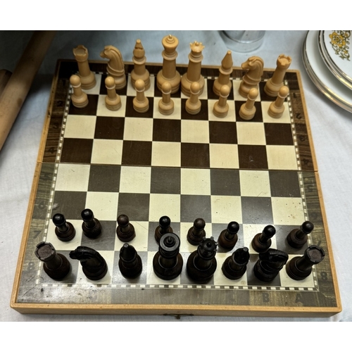 28 - A boxed chess set, boxed compendium set and 3 lots of bamboo pan pipes