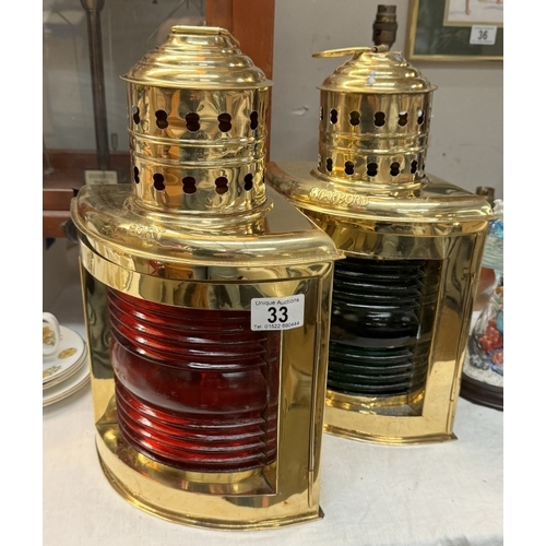 33 - A pair of ornamental brass port and starboard lamps