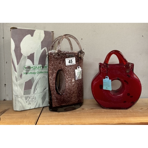 45 - 2 Laguna art glass handbags, 1 boxed and both have labels