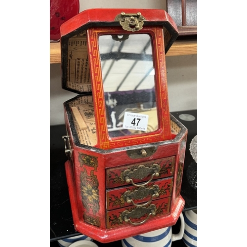 47 - A Chinese lacquered jewellery/vanity wooden box with 3 drawers and a mirror