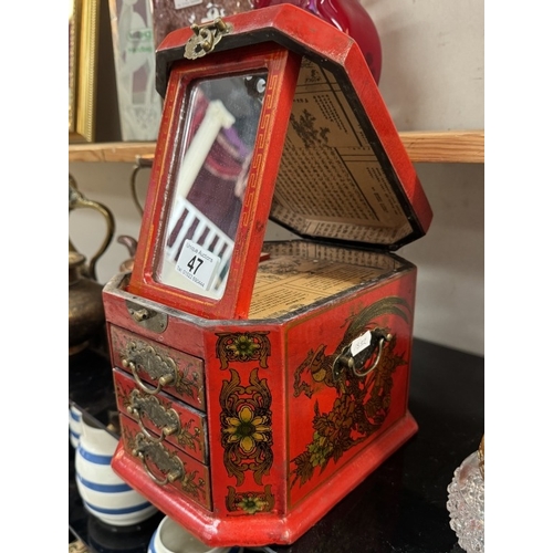 47 - A Chinese lacquered jewellery/vanity wooden box with 3 drawers and a mirror