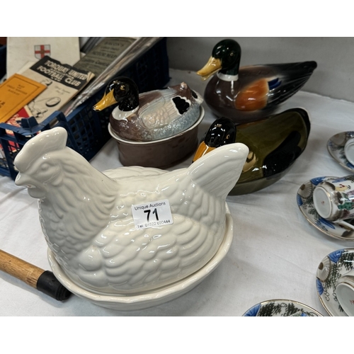 71 - 3 lidded duck dishes and a chicken lidded dish