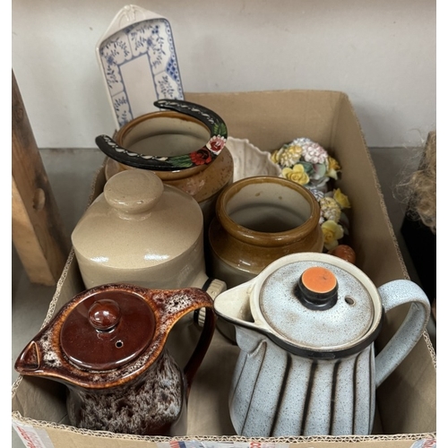 102 - A box of miscellaneous including an old Denby 2.5 ping coffee pot, stoneware etc