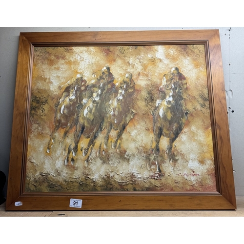 91 - An oil on board of Racehorses signed but indistinct. 73 x 63cm