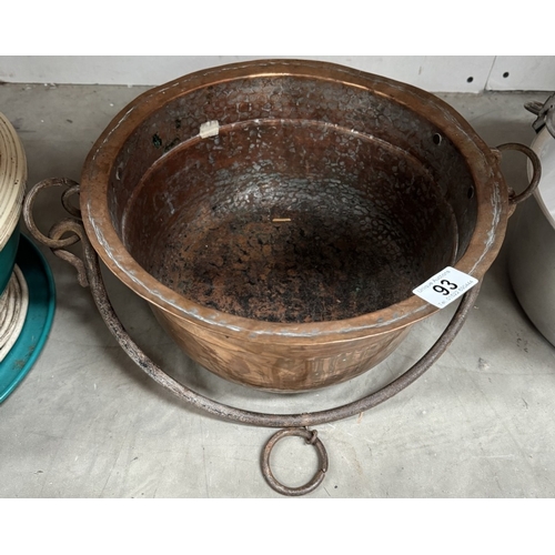 93 - An old copper jam pan with iron handle and an aluminium example