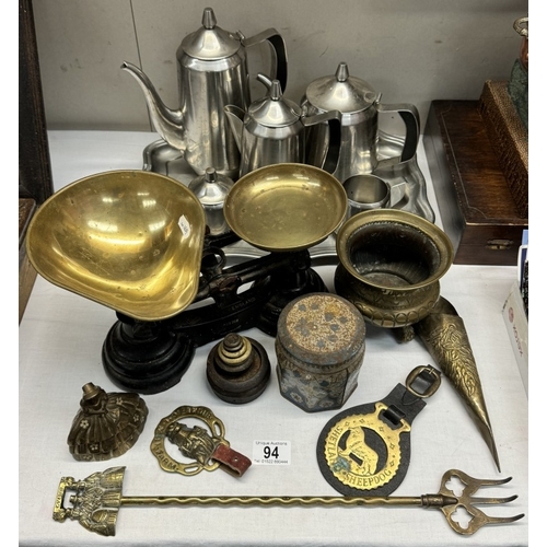 94 - A set of scales & a quantity of metalware s/p