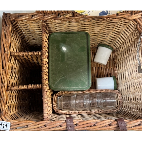 111 - A Wicker picnic hamper with contents & bottle compartments