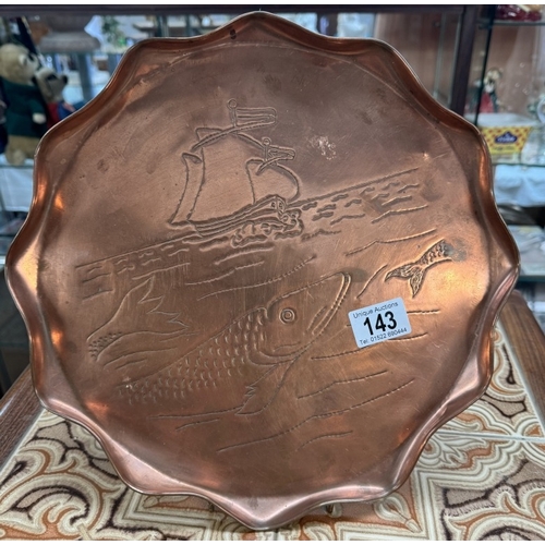 143 - A Cornish copper arts and crafts tray depicting a fish and a boat, unsigned but attributed to Charle... 