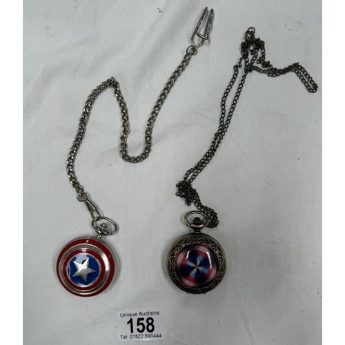 158 - Three pocket watches including A Captain America example, sold as seen.