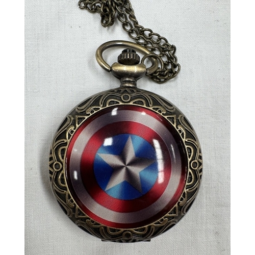 158 - Three pocket watches including A Captain America example, sold as seen.