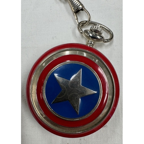 158 - Three pocket watches including A Captain America example, sold as seen.