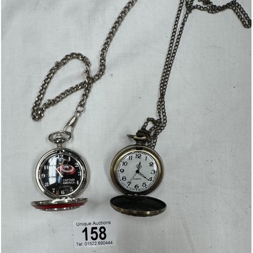 158 - Three pocket watches including A Captain America example, sold as seen.