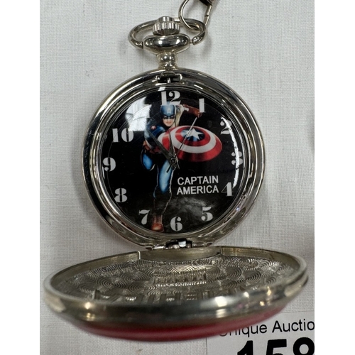 158 - Three pocket watches including A Captain America example, sold as seen.