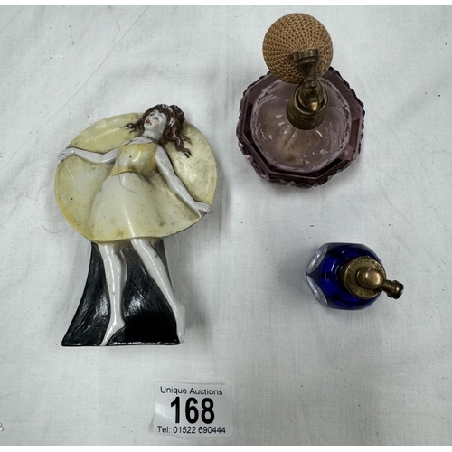 168 - A vintage Mikado Cobalt blue cut glass perfume bottle & 1 other & An art deco hat pin stand