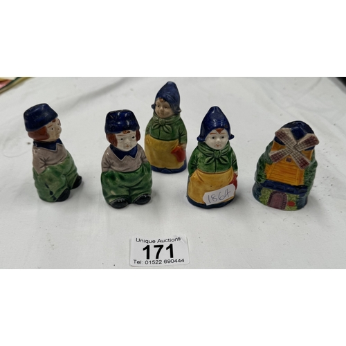 171 - 5 Pottery Dutch figure salt & pepper pots made in Japan