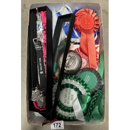 172 - A tray of horse prize rosettes & a horse themed snuff box