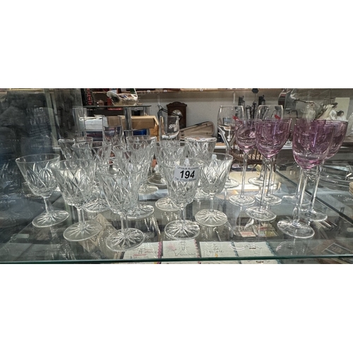 194 - A quantity of cut glass wine glasses & 6 pink Hungarian crystal glasses