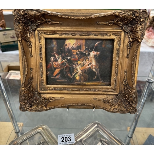 203 - A gilt framed over painted print.