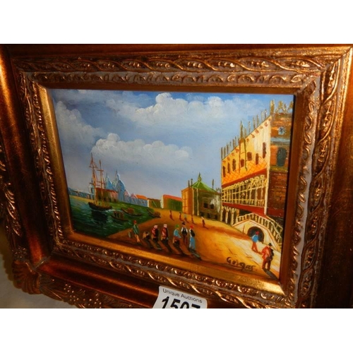 1507 - A gilt framed overpainted print of a continental scene.