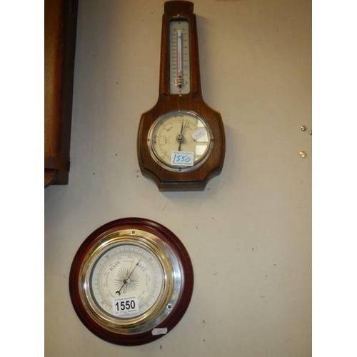 1550 - A 1950's oak barometer and a ship's style barometer by Metamec.