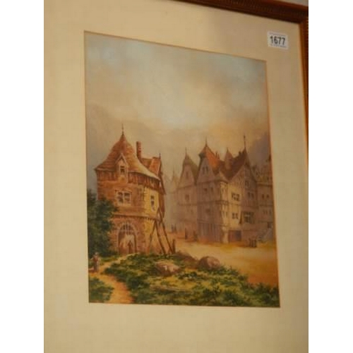 1677 - A mid 20th century framed and glazed print of a village scene, COLLECT ONLY.