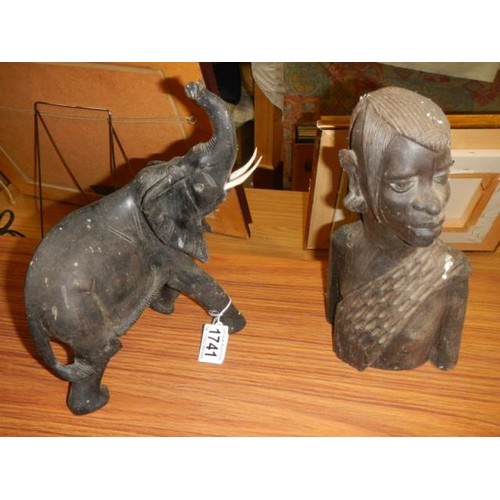 1741 - A carved wooden elephant and a carved wooden bust.