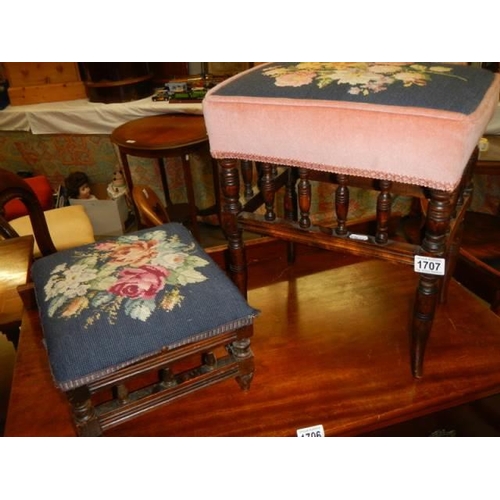 1707 - A Victorian tapestry topped stool and a Victorian foot stool. COLLECT ONLY.