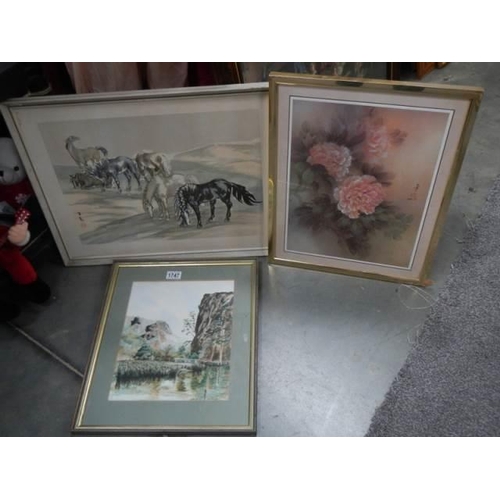 1747 - Two framed and glazed Chinese prints and one other, COLLECT ONLY.