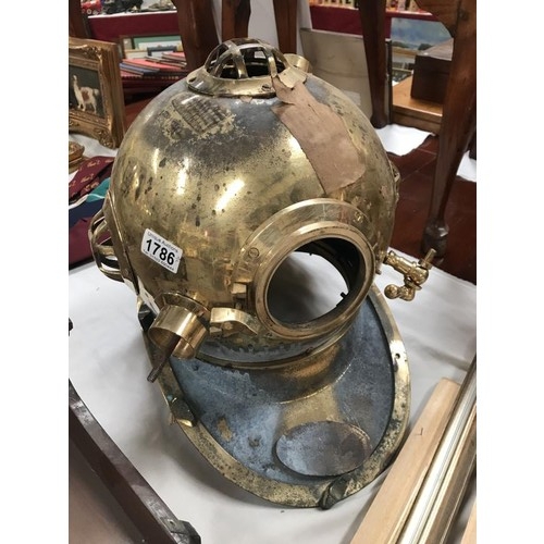 1786 - A large brass deep sea divers ornate helmet