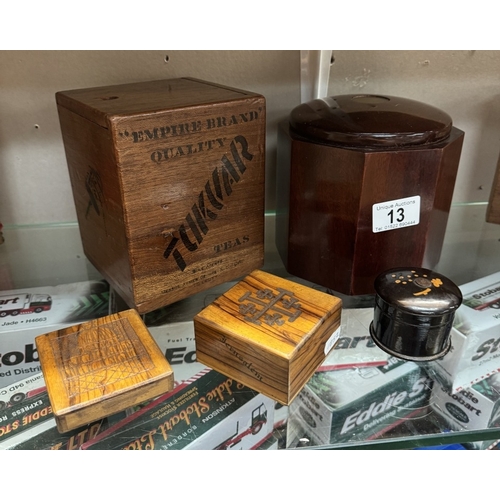 13 - A quantity of wooden items including tea caddy, cigar boxes, Jerusalem olive wood automaton clock et... 