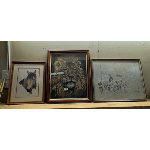 33 - 3 Framed animal tapestries including Lion, Horse & Husky dog. Various sizes