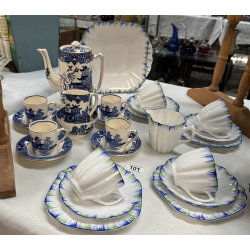 101 - A blue willow coffee set & A 14 piece part tea set.