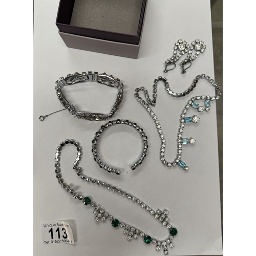 113 - 2 diamanté necklaces, 2 bracelets and a pair of earrings