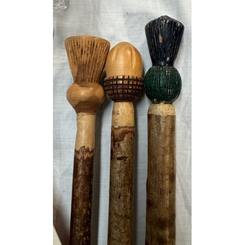 89 - 3 walking/hiking sticks with thistle/carved tops