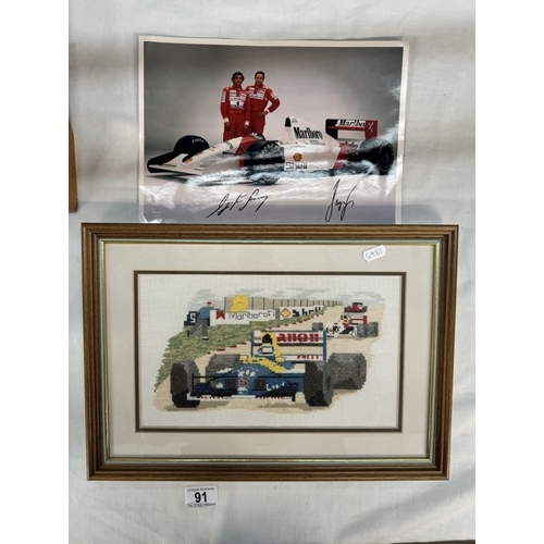 91 - A Formula 1 signed photo of Ayrton Senna and Gerhard Berger and a framed and glazed cross stitch For... 