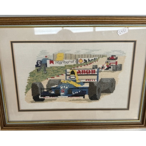 91 - A Formula 1 signed photo of Ayrton Senna and Gerhard Berger and a framed and glazed cross stitch For... 